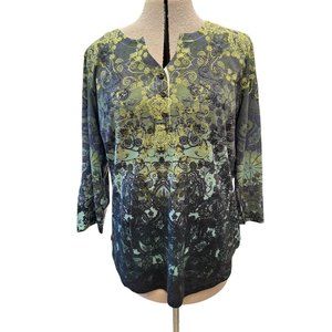 Christopher & Banks Womens Popover Shirt Green Boho 3/4 Sleeve Notch Neck XL